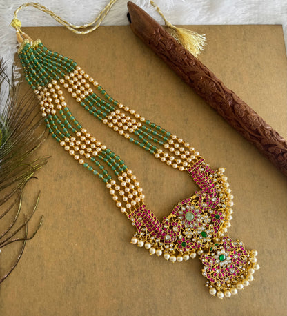 Matte finish pink-green-white kunan jadau agate peacock beaded haar dj-51553