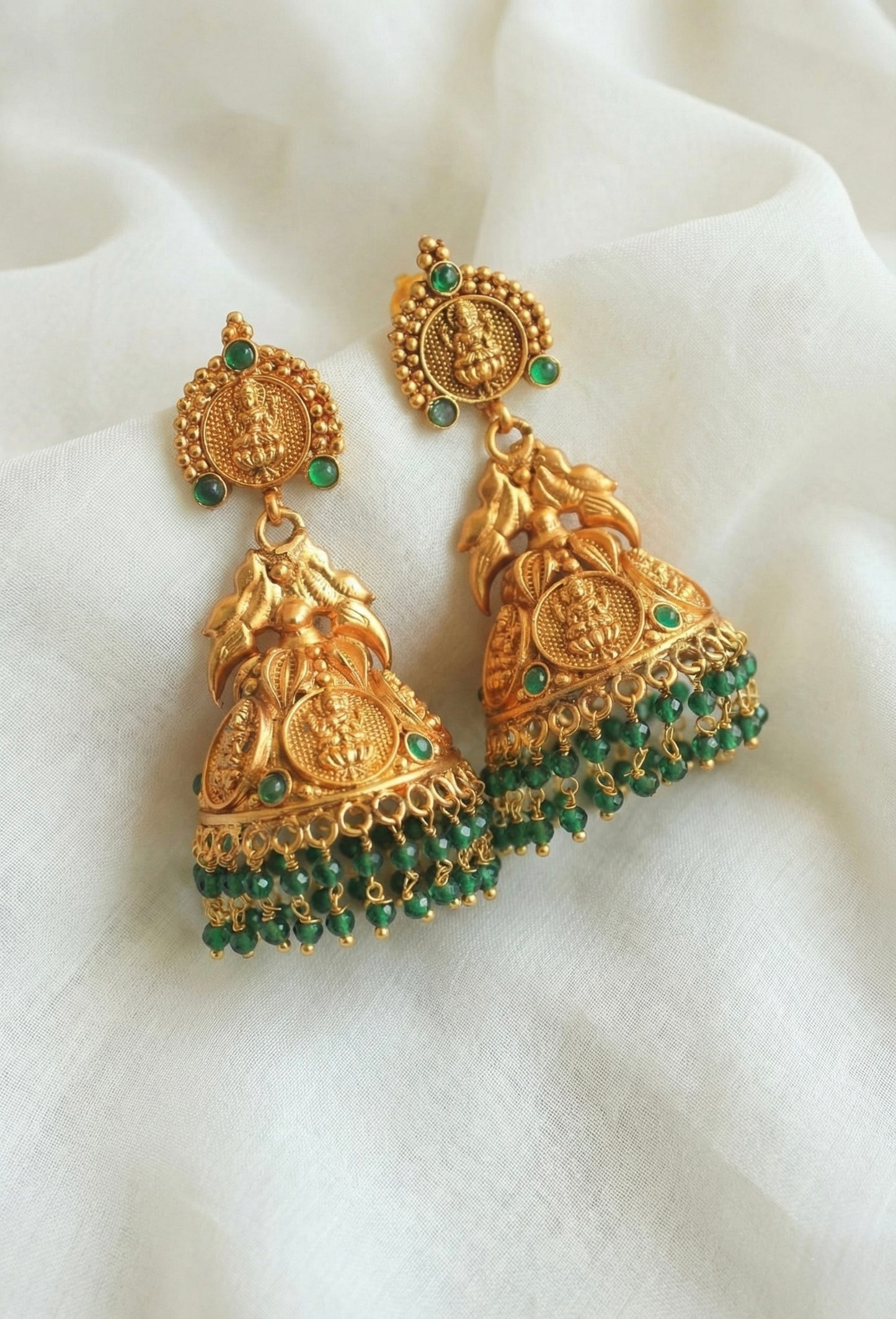 Matte finish green Lakshmi coin peacock jhumkka DJ25094