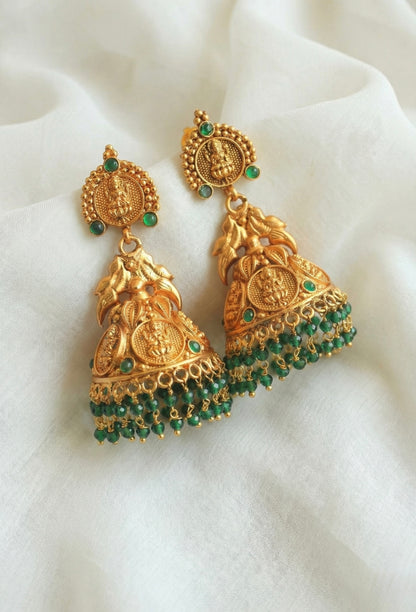 Matte finish green Lakshmi coin peacock jhumkka DJ25094