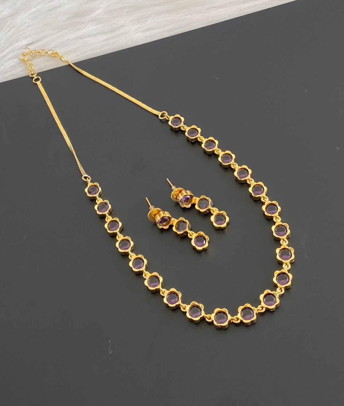 Gold tone purple stone necklace set dj-54761