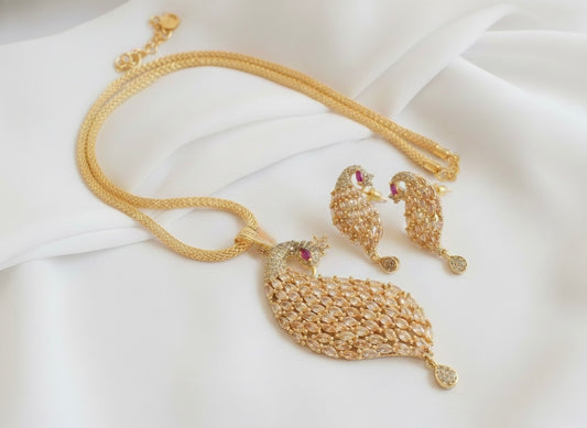 Gold Tone Cz Gold stone Peacock Pendant Chain Set DJ25476