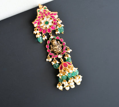 Gold tone pink-green kundan jadau Lakshmi hair jewel dj-52379