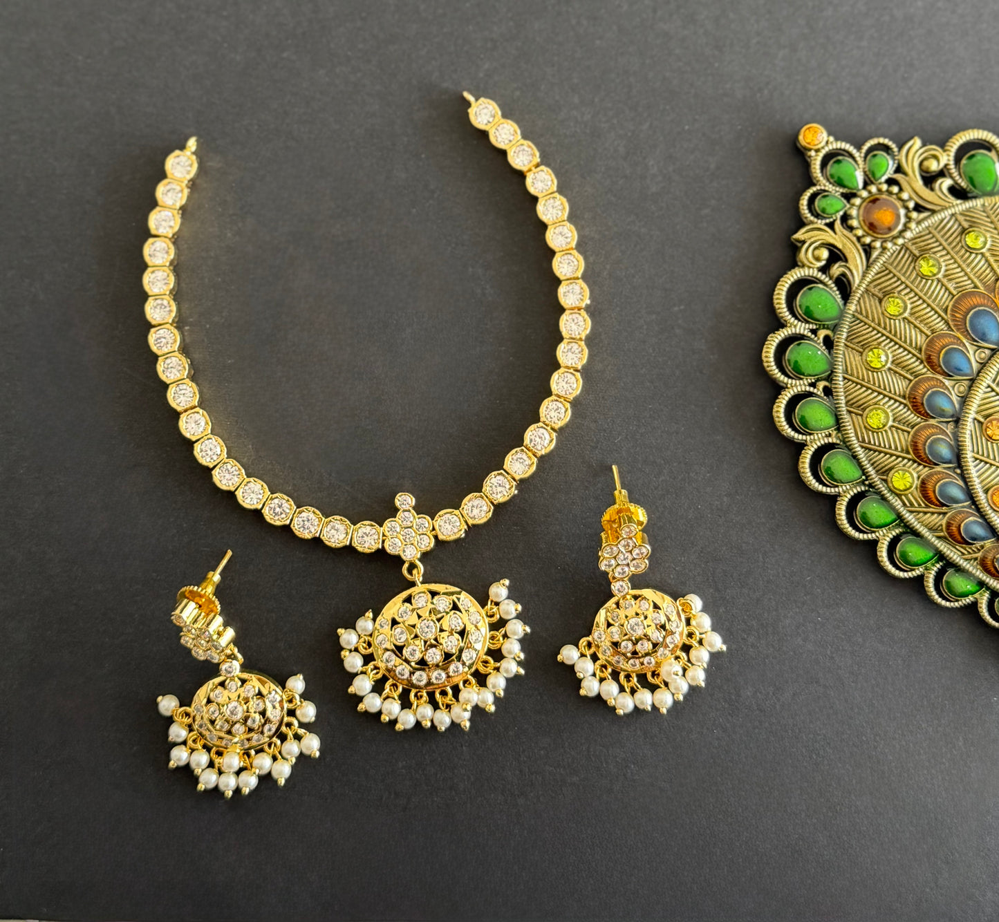 Gold Tone White AD South Indian Style Attigai/Necklace Set DJ28346