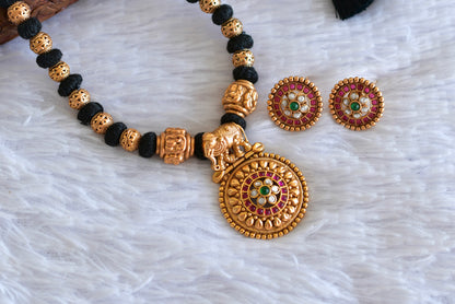 Matte finish kemp-green black thread elephant necklace set dj-52408