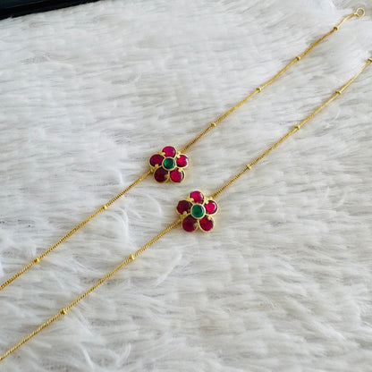 Gold tone pink-green flower kundan jadau anklets dj-51409