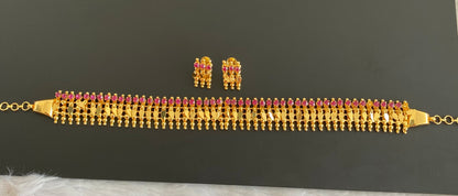 Gold tone ruby stone elakka thali choker necklace set dj-53111