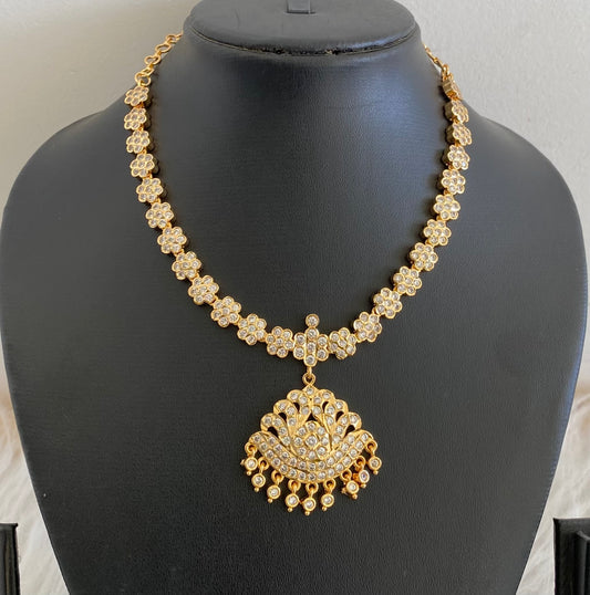 Gold tone south indian AD white stone flower necklace dj-54923