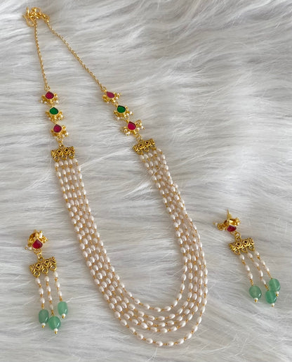 Gold tone kemp-green pearl multi layer necklace set dj-54174