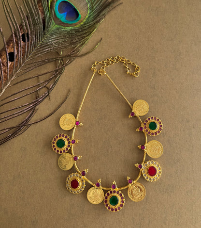 Gold tone kerala style red-green round lakshmi coin necklace dj-51692
