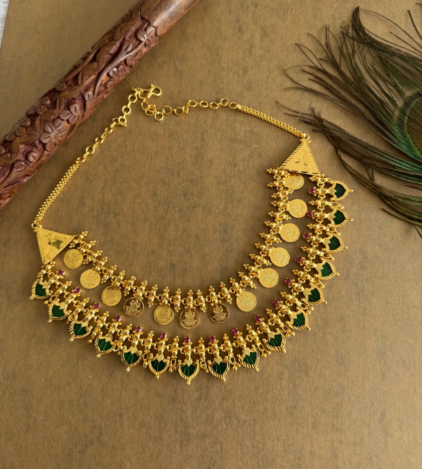 Gold tone kerala style pink-green palakka lakshmi coin double layer necklace dj-51733