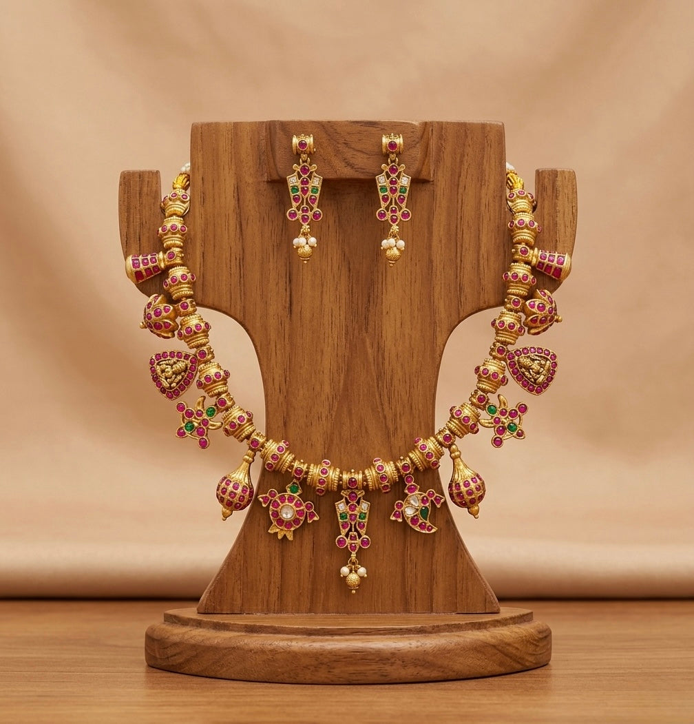Antique gold tone Shri Thirumal nama kundan jadau necklace set dj-53239
