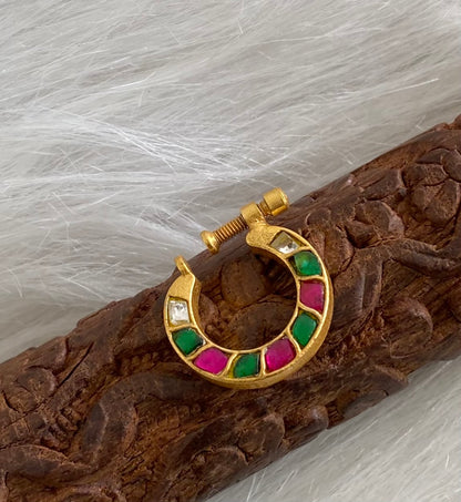 Gold tone kundan jadau pink-green-white stone nose pin dj-53722