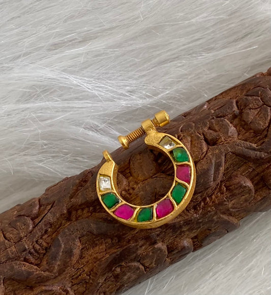 Gold tone kundan jadau pink-green-white stone nose pin dj-53722