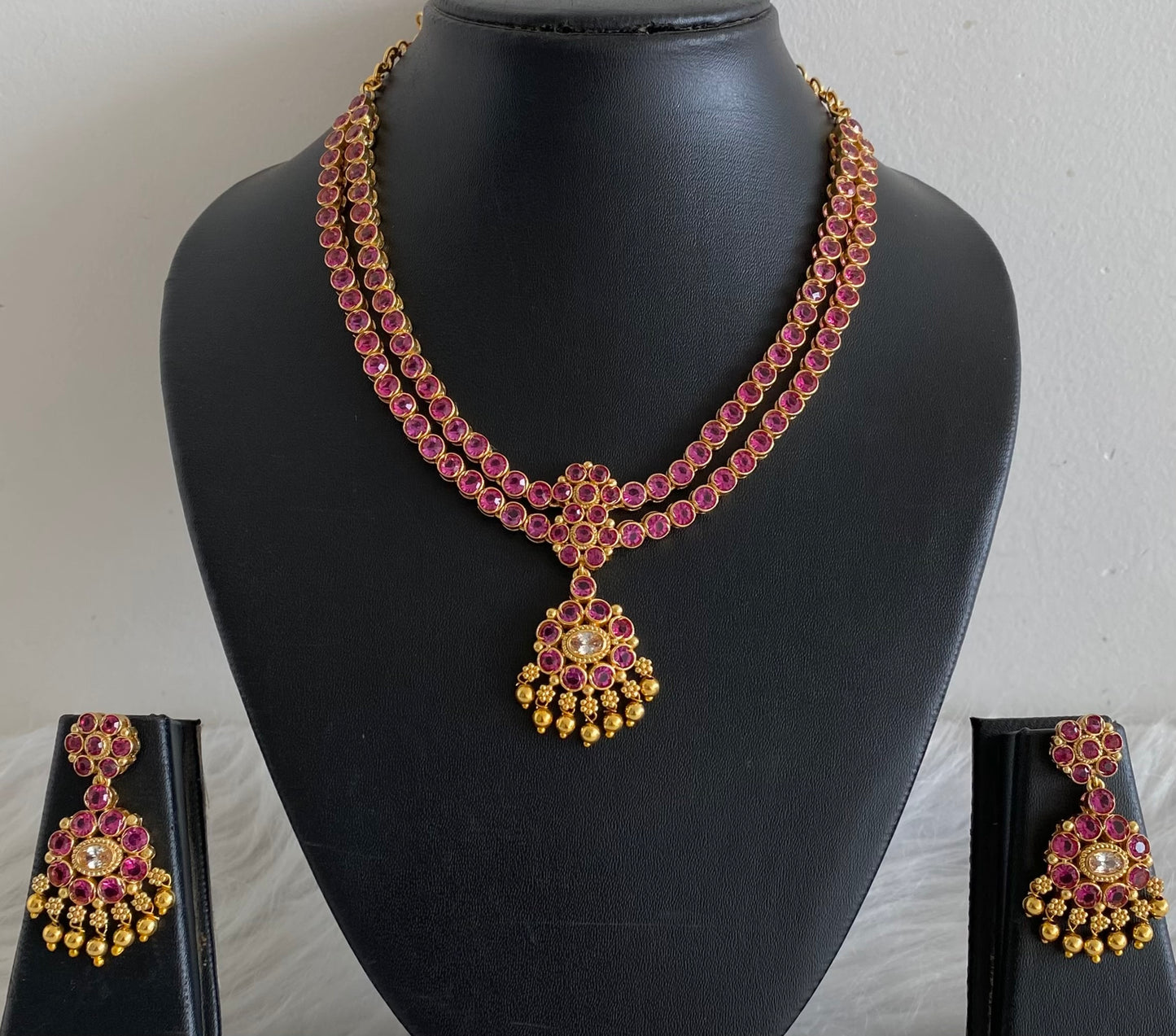 Matte finish pink-white double layer attigai/necklace set dj-54167