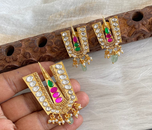 Gold tone pink-green-white kundan jadau thirumal nama pendant set dj-53981