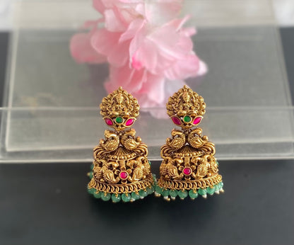 Antique gold tone pink-green beaded Lakshmi jhumkka dj-51047
