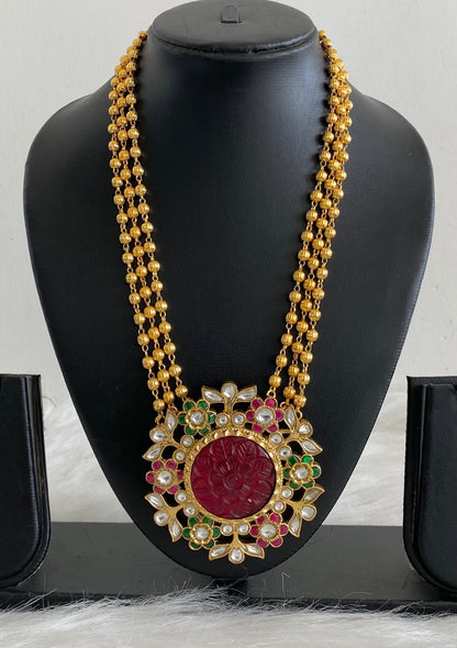Gold tone red carved stone round jadau flower necklace dj-54518