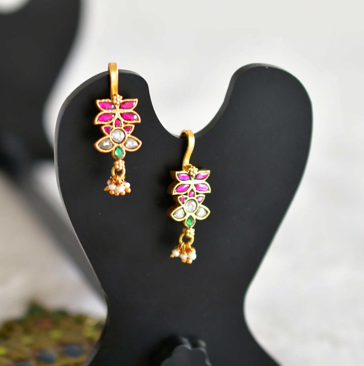 Gold tone pink-green-white kundan jadau butterfly bugadi earrings dj-52487