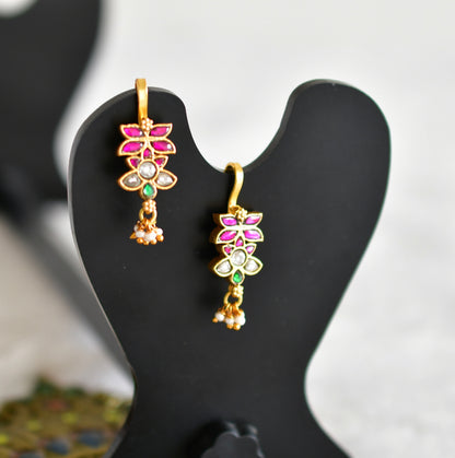Gold tone pink-green-white kundan jadau butterfly bugadi earrings dj-52487