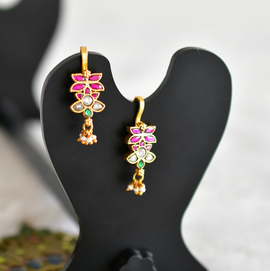 Gold tone pink-green-white kundan jadau butterfly bugadi earrings dj-52487