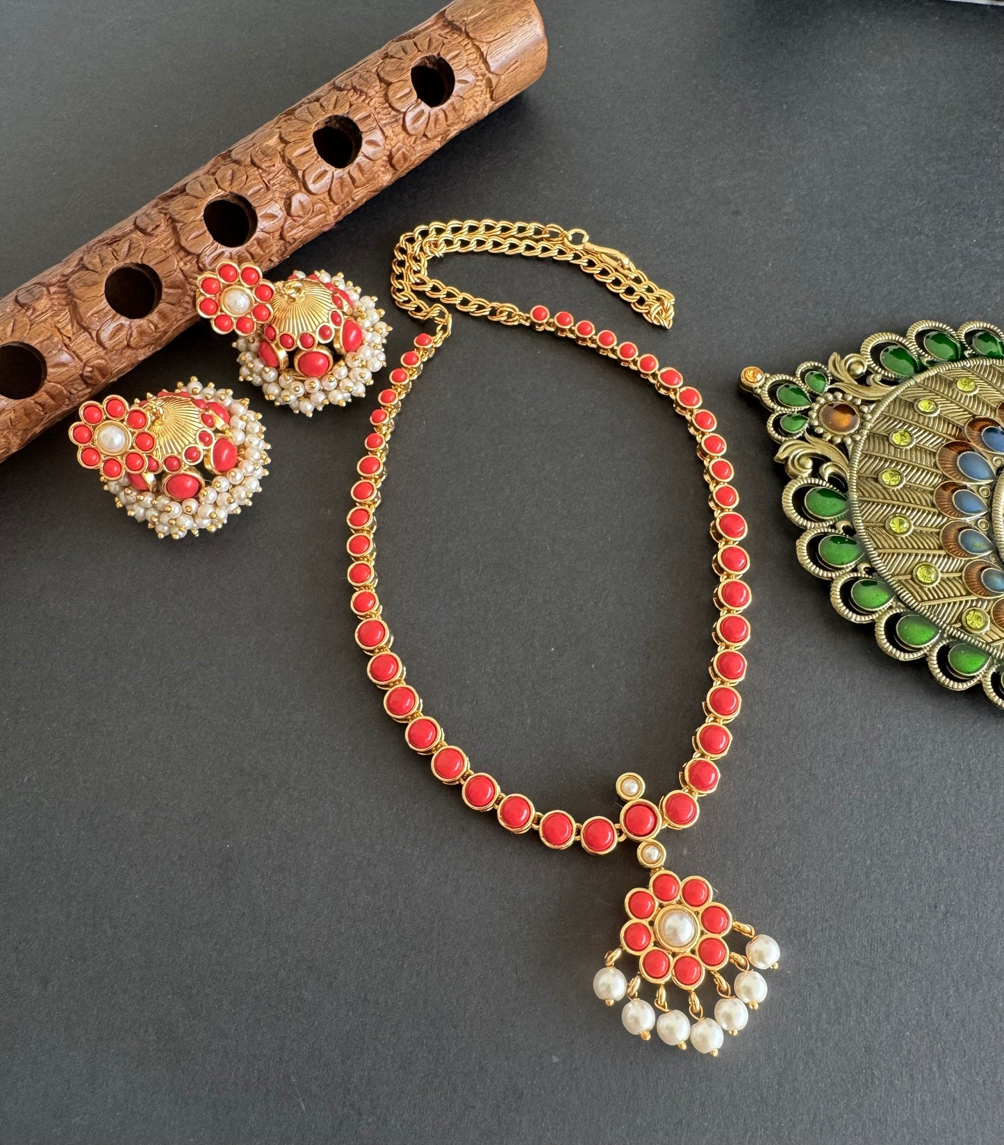 Matte finish coral pearl flower necklace set dj-52081