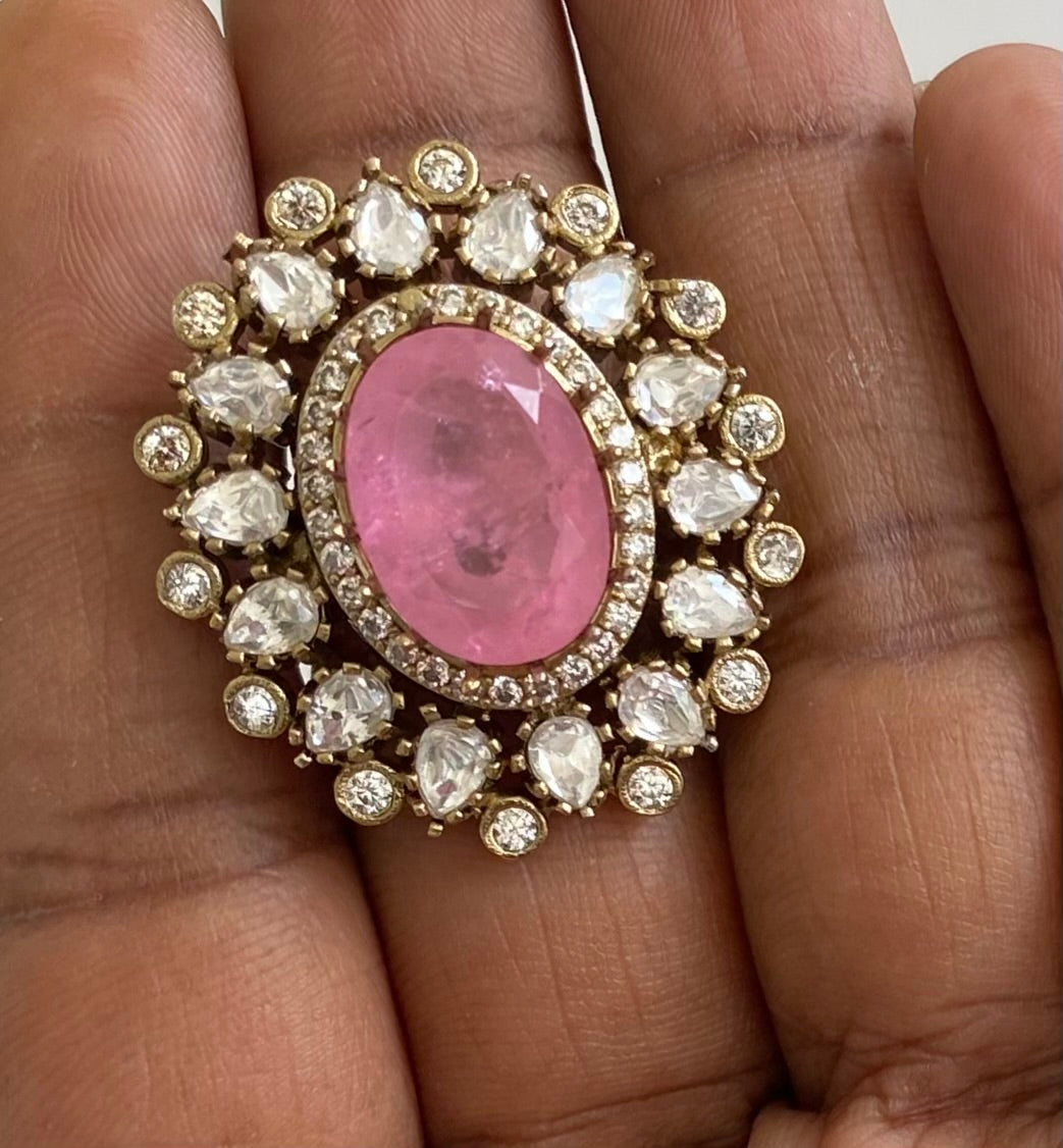 Two tone cz white-baby pink stone finger ring dj-53685