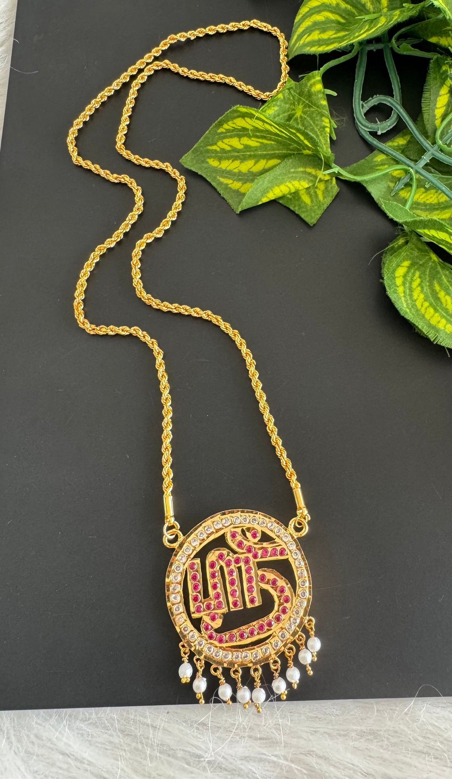 Gold tone 24 inches chain with AD pink Tamil Sree pendant dj-51194