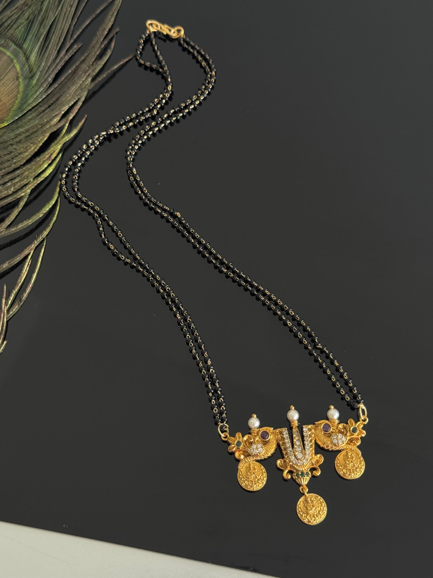 Matte Finish Cz Ruby-green Shri Thirumal Nama-peacock Mangalsutra dj-32719