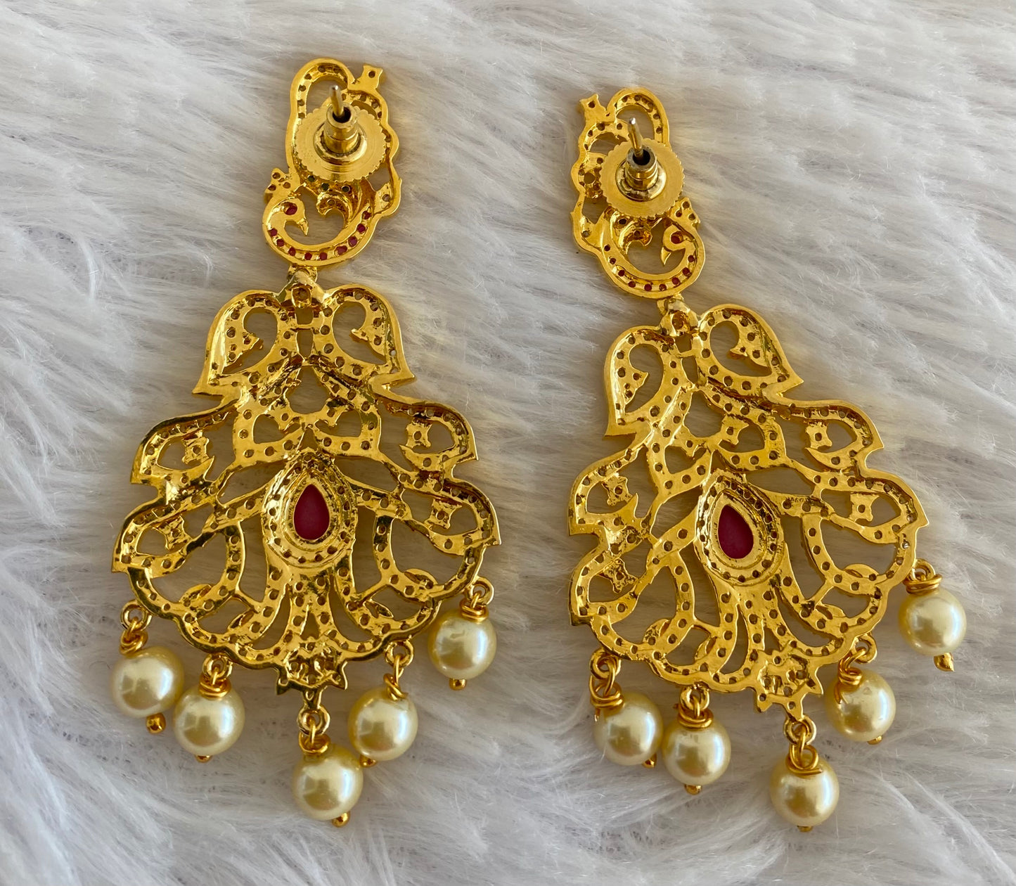 Gold tone ruby-green-white stone pearl peacock earrings dj-52938