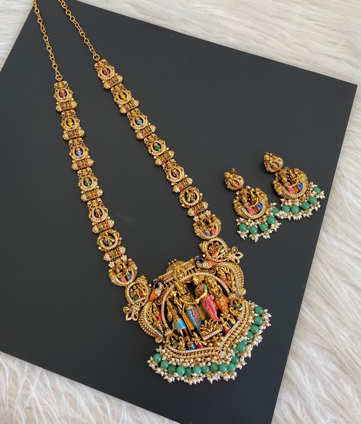 Matte finish green beaded meenakari srinivasa thirukalyanam haar set dj-54738