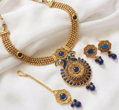 Antique gold tone blue peacock necklace set-dj04179