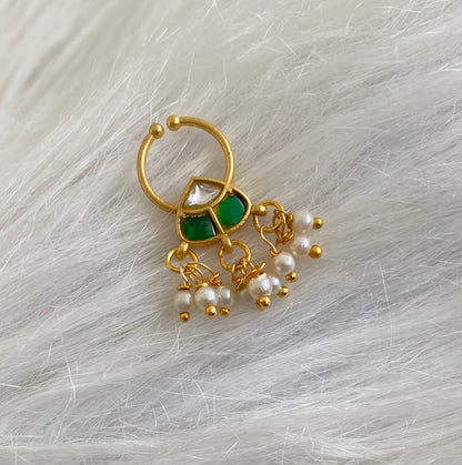 Gold tone kundan jadau green-white stone pearl nose pin/bulakku dj-53796