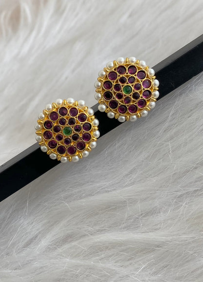 Gold tone precious kemp-green stone pearl round stud/earrings dj-54700