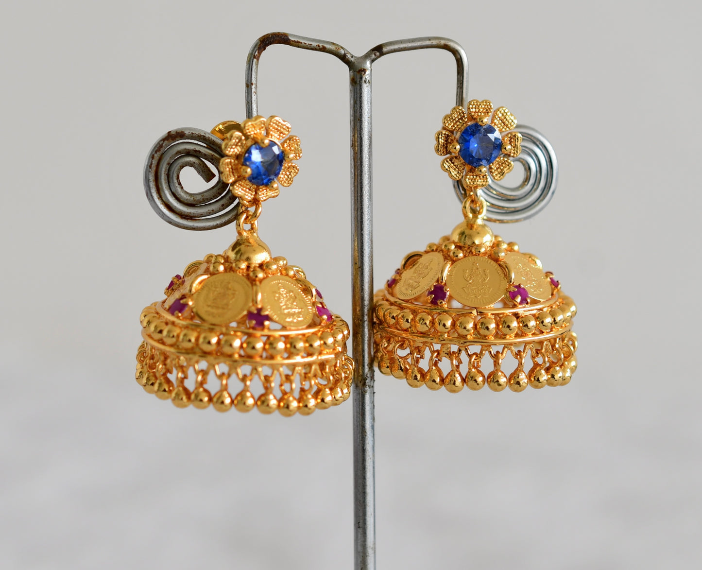 Gold tone ruby-pink lakshmi coin jhumkka dj-50170