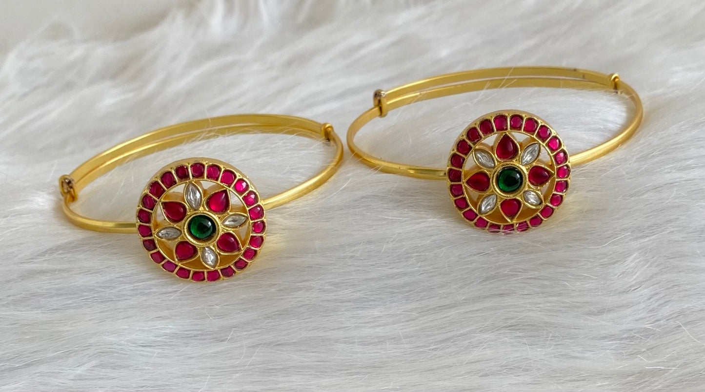 Gold tone kundan jadau kemp-green-white round flower baju band dj-53837