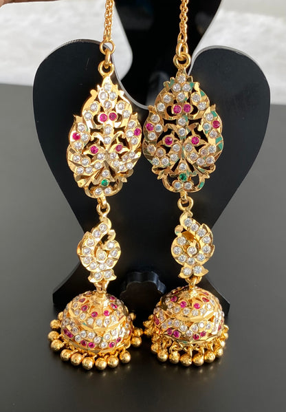 Gold tone AD pink-green south Indian peacock jhumkka with ear side chain dj-53591