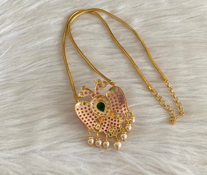 Gold tone chain with kemp-green-white pearl gandaberunda pendant dj-55112