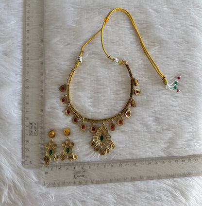 Antique gold tone cz magenta pink-green-white kante necklace set dj-52126