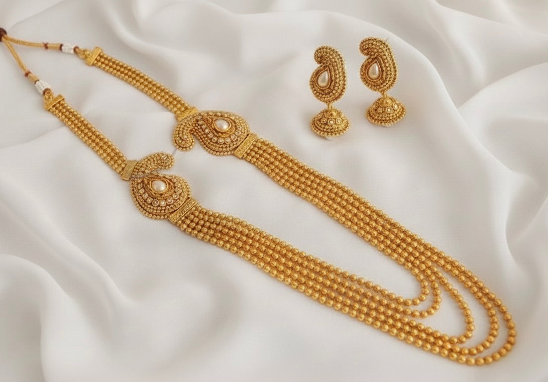 Antique gold tone Pearl Mango Mugappu Multilayer Short Haar Set-dj17560