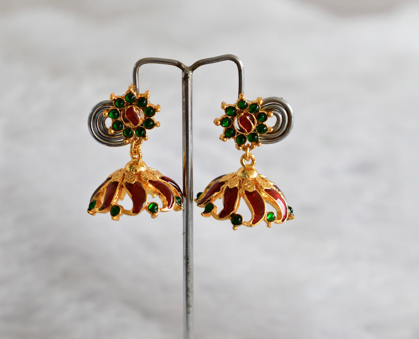 Gold tone red-green flower enamel jhumkka dj-52365