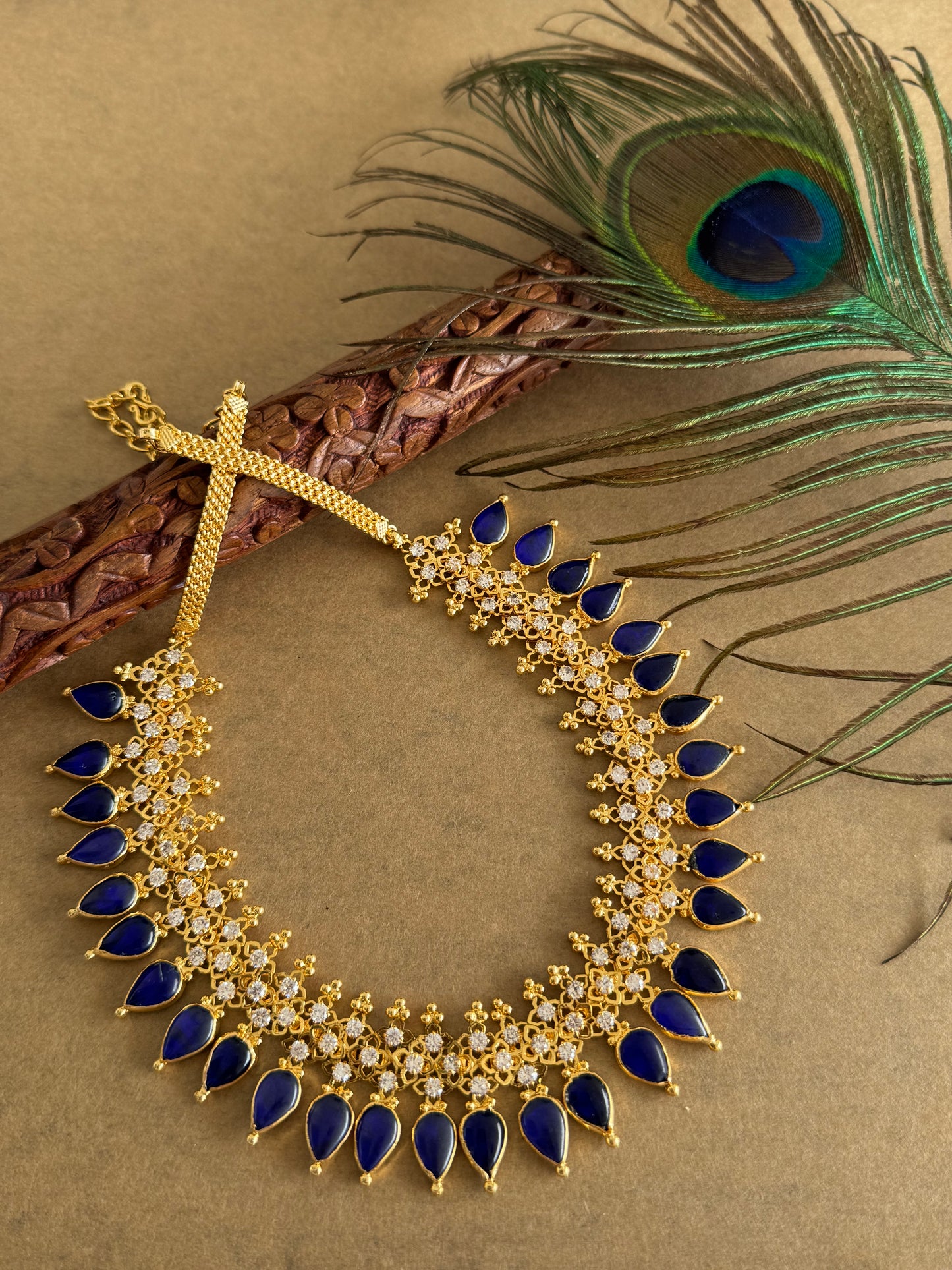 Gold tone Gopi shape blue Kerala style necklace dj-51709