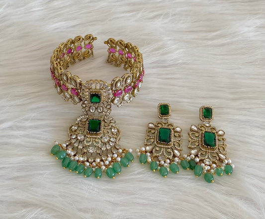 Antique gold tone ruby-white kundan green beaded choker necklace set dj-54802