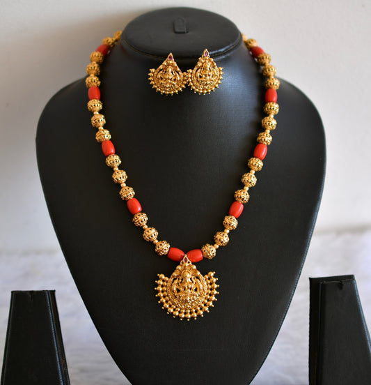 Antique gold tone flower coral beaded lakshmi necklace set dj-52694