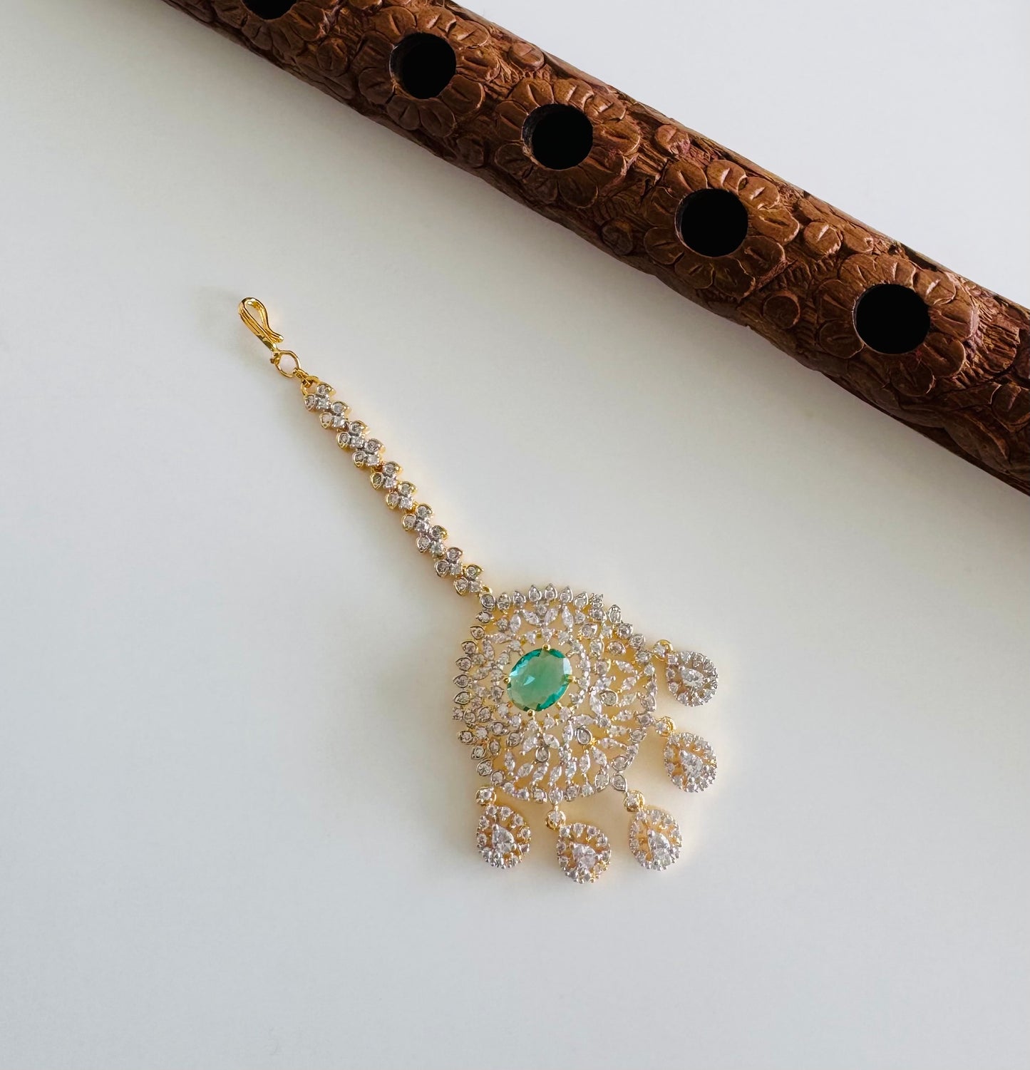 Two tone cz-peacock green thilak stone tikka dj-51369