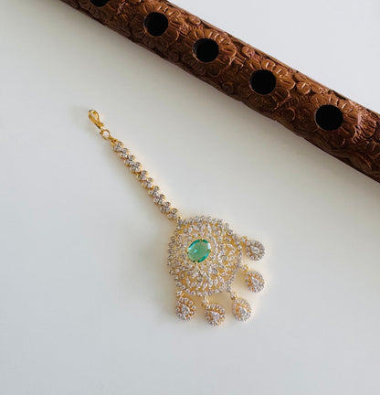 Two tone cz-peacock green thilak stone tikka dj-51369