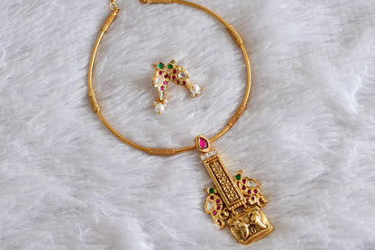 Antique gold tone pink-green peacock jadau hasli necklace set dj-51834