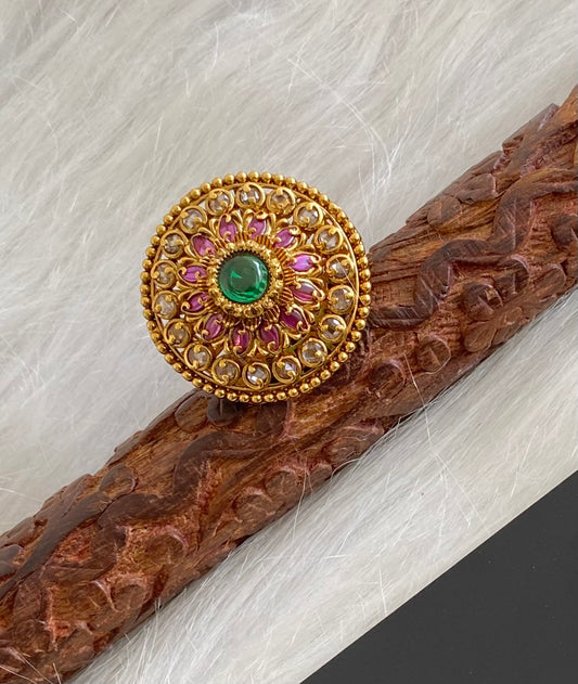 Antique gold tone pink-green-white big round flower finger ring dj-54332