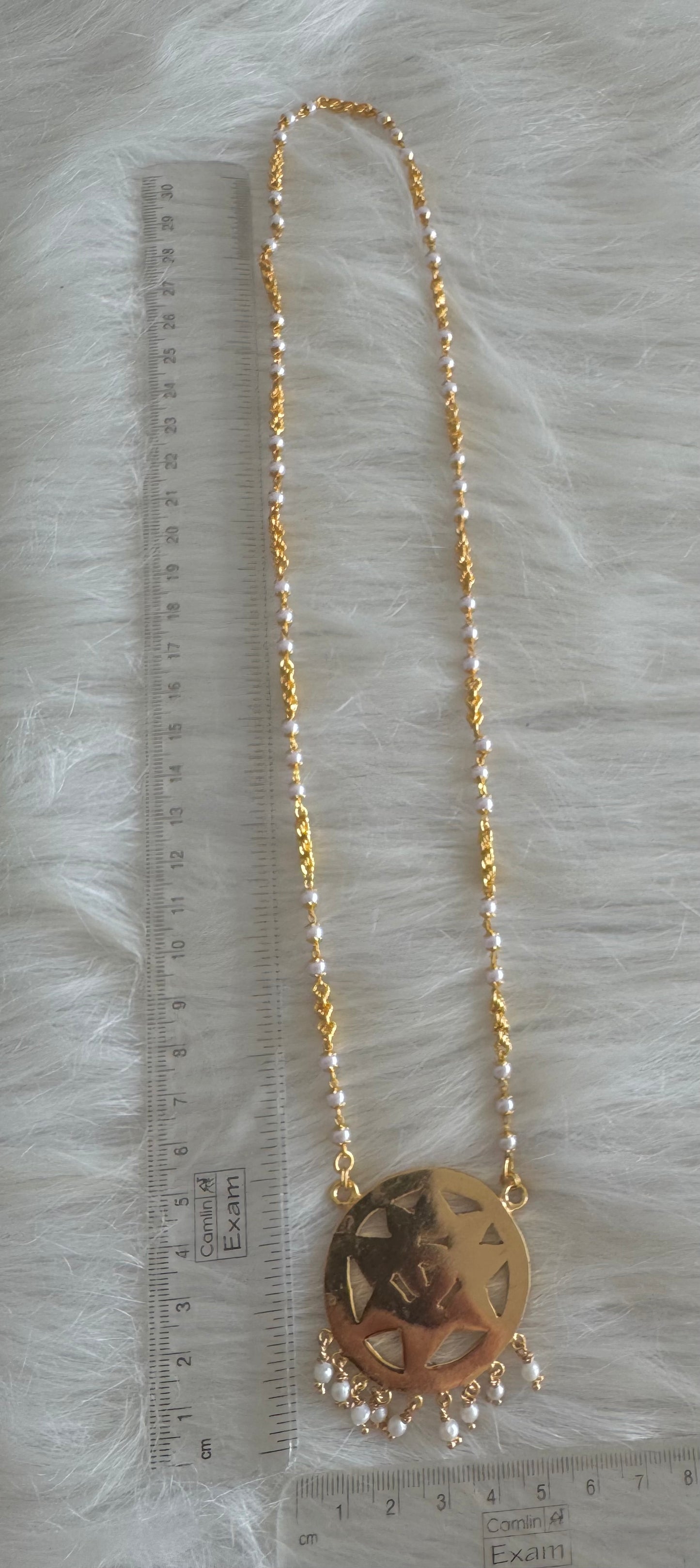 Gold tone 24 inches pearl chain with AD pink Chakram pendant dj-51193