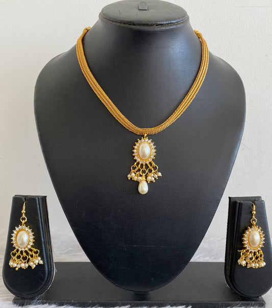 Gold tone pearl-white stone designer necklace set dj-52947