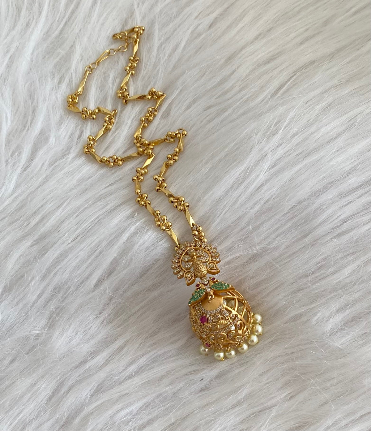 Antique gold tone ruby-green-white peacock jhumkka pendant with chain dj-55087